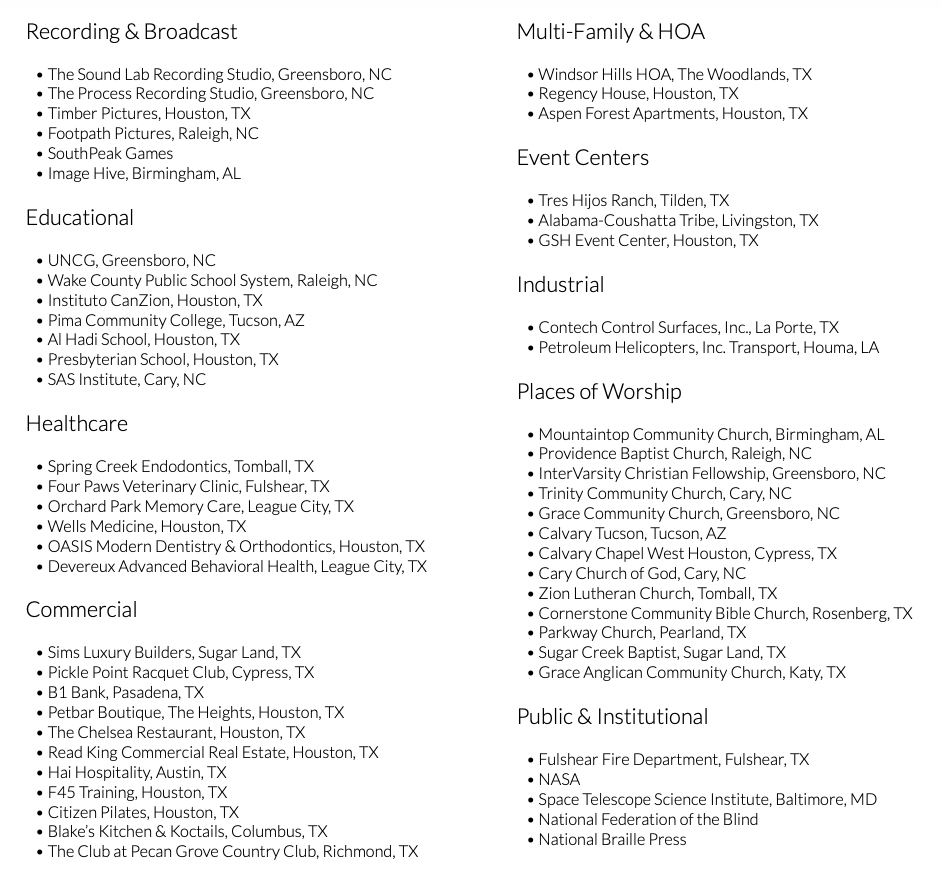 Logos of the following organizations: NASA, SAS, UNCG Alumni Association, Mountaintop Community Church, National Federation of the Blind, SouthPeak Games, Instituto CanZion, National Braille Press, Space Telescope Science Institute, Providence Baptist Church, Footpath Pictures, The Sound Lab, Wake County Public Schools System, Image Hive, Intervarsity Christian Fellowship, The Process, Pima Community College, Trinity Community Church, Grace Community Church, Calvary Chapel Cary, Calvary Tucson, White Plains Methodist, Calvary Chapel West Houston, Cary Church of God